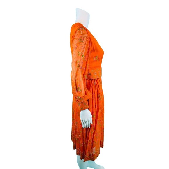 Vintage 1960s Cocktail Dress Orange Sheer Sleeves Hand Painted Floral Dolly - Picture 7 of 10